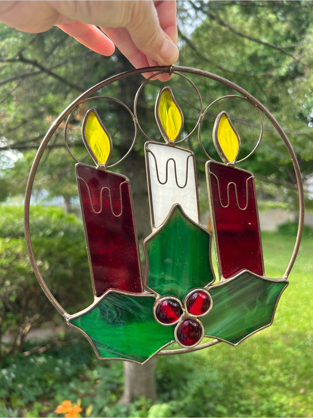 Vintage Stained Glass Candle Wreath Holly Red Green White Christmas Hang 9 Inch